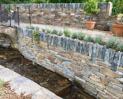 Waterscape stone-wall terracing of stream-bank in South Devon